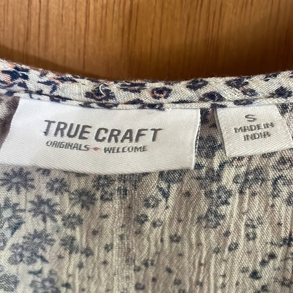 •TRUE CRAFT•IVORY BLUE/PINK/BROWN FLORAL BUTTON DOWN SLEEVELESS DRESS SIZE SMALL - Picture 4 of 9